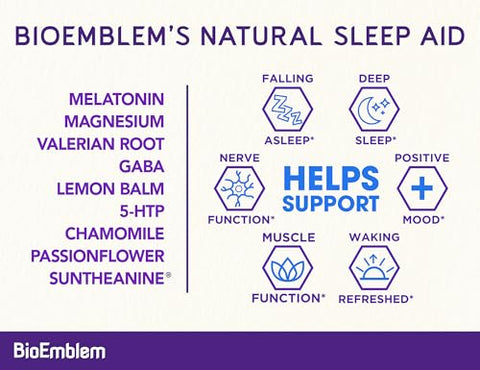 Aid Natural para Dormir para Adultos com Melatonina, Raiz de Valeriana, Suntheanine – 60 Cápsulas - BioEmblem
