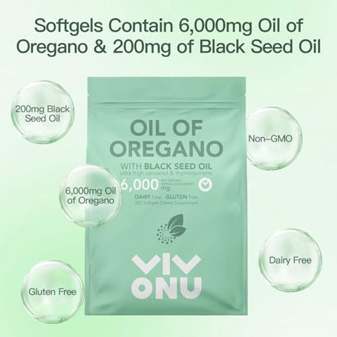 VivoNu - Óleo de Orégano Cápsulas Softgels | 6000mg de Óleo de Orégano com 200mg de Óleo de Semente Preta | Extrato Orgânico de Óleo de Orégano | Antioxidantes Naturais para Fitness | Livre de Transgênicos | Fórmula sem Glúten