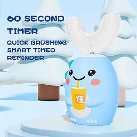 DYCROL - Escova de Dentes Elétrica Infantil em Formato U com 4 Cabeças de Escova, Escova de Dentes Infantil Sonic com 5 Modos, Design à Prova d’Água em Forma de Dinossauro dos Desenhos Animados para Limpeza de 360 Graus IPX7 (2-6 Anos, Azul)