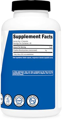 Creatine Monohidratada 3.000mg, 180 Cápsulas (750mg por Cápsula) – Sem Glúten, Não-OGM - Nutricost