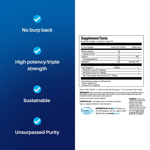 Fortifeye Vitamins - Super Ômega-3 Óleo de Peixe | 1600 mg Ômega 3 | com EPA e DHA | Sabor Natural de Limão 60 Porções | Marca Super Ômega-3