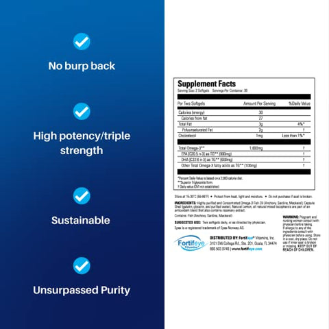 Fortifeye Vitamins - Super Ômega-3 Óleo de Peixe | 1600 mg Ômega 3 | com EPA e DHA | Sabor Natural de Limão 60 Porções | Marca Super Ômega-3