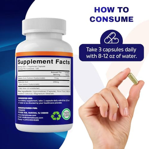 Ácido Hialurônico 200mg – Suporte para Tecido Conjuntivo e Articulações Saudáveis – Promove uma Pele Jovem e Saudável – 120 Cápsulas - Vitamatic