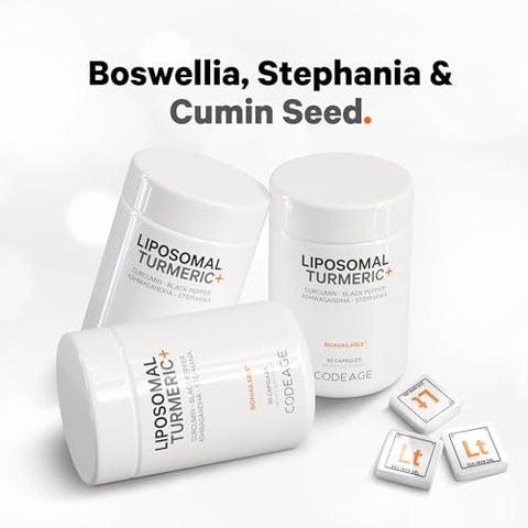 Suplemento Orgânico de Cúrcuma – 95% Extrato de Curcumina em Cápsulas – Mistura Botânica Lipossomal Fermentada de Pimenta-do-Reino, Ashwagandha, Gengibre, Stephania, Boswelia, Cominho, Digestivo – 60 Cápsulas - Codeage