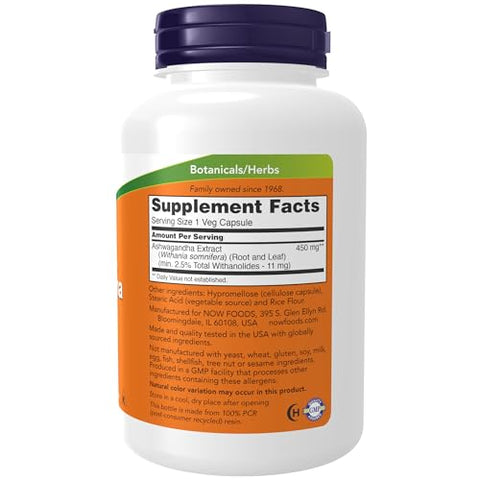 Suplementos, Ashwagandha (Withania somnifera) 450 mg (Extrato Padronizado), 180 Cápsulas Vegetais - NOW Foods