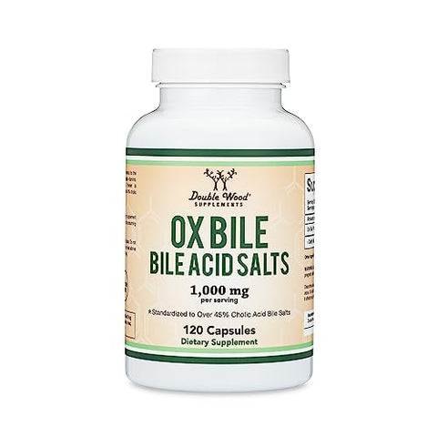 Double Wood Supplements - Suplemento de Bile de Boi para Ausência de Vesícula Biliar (1.000mg por Porção, 500mg por Cápsula, 120 Cápsulas) Padronizado para 45% de Ácido Cólico e Sais Biliares para Combater Deficiências de Sais Biliares