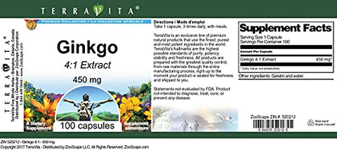 Terravita - Ginkgo 4:1 – 450 mg (100 Cápsulas) – 2 Pacotes | Ginkgo Biloba 4:1 Concentrado | Saúde Cerebral | Memória e Concentração | Antioxidante Natural