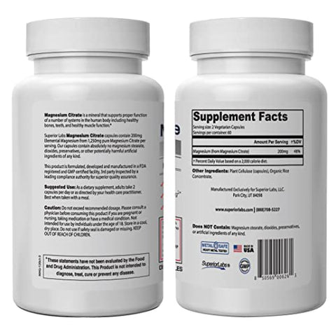 Magnesium Citrate – 100% Não-OGM Seguro de Aditivos, Estearatos, Glúten e Outros Alergénios – Dose Poderosa para Sono, Cãibras, Espasmos – 1.250mg Citrato, 120 Cápsulas - Superior Labs