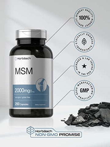 Cápsulas de Suplemento MSM | 2000mg | 250 Unidades | Fórmula Livre de OGM e Glúten | Metilsulfonilmetano - Horbäach