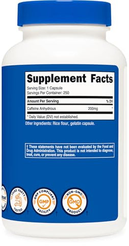 Cafeína Natural 200mg – 250 Cápsulas Vegetarianas | Livre de Glúten, Não-OGM  Nutricost - Nutricost