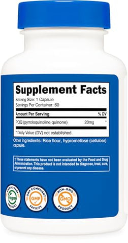 PQQ 20mg – 60 Cápsulas Vegetarianas, Livre de GMO e Glúten - Nutricost
