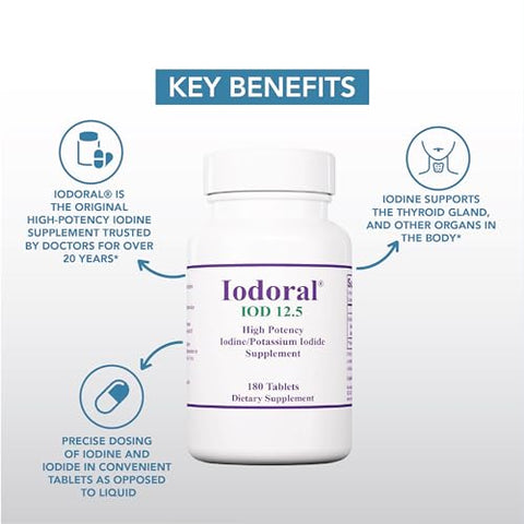 Optimox - Iodoral 12.5 mg – Suplemento de Iodo para Suporte da Tireoide, Comprimidos de Iodeto de Potássio, Solução de Lugol, Vitaminas e Minerais Diários, Comprimidos de Iodo de Alta Potência – 180 Comprimidos 1-Pack