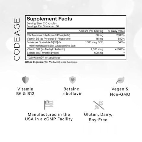 Suplemento Codeage Methylfolate B Complex – 5 MTHF, Methylcobalamin 1000mcg Vitamina B12 Metilada, Riboflavina, Betaína, Vitaminas B6, Ciclo de Metilação MTHFR – 2 Meses – 120 cápsulas