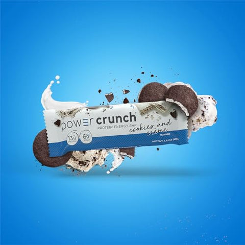 Barras de Proteína Power Crunch, Snacks com Alto Teor de Proteína e Sabor Delicioso, Cookies and Crème, 40g (12 Unidades)