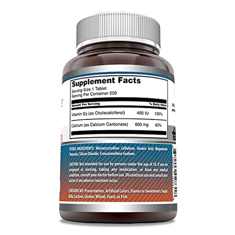 Amazing Nutrition - Amazing Formulas Cálcio 600 Mg com Vitamina D3 400 UI | 250 Comprimidos | Não-OGM | Sem Glúten | Fabricado nos EUA