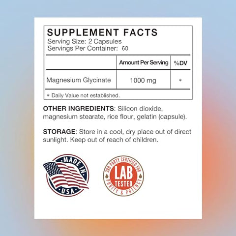 Magnésio Glicinato 1000mg, Alta Absorção Máxima de Magnésio Glicinato Puro, Suplemento para Mulheres e Homens, Sem OGM Sem Glúten, 120 Cápsulas Vegetarianas, Fabricado nos EUA - VHC