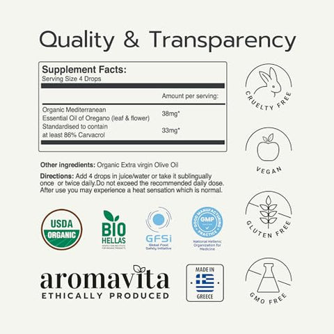 AROMAVITA - Óleo de Orégano Grego ImunON – 86-90% Carvacrol – Fortalecimento Extra, Suporte Imunológico e Digestivo – Suplemento à Base de Plantas – Vegano, Não Transgênico, Sem Glúten – 30ml