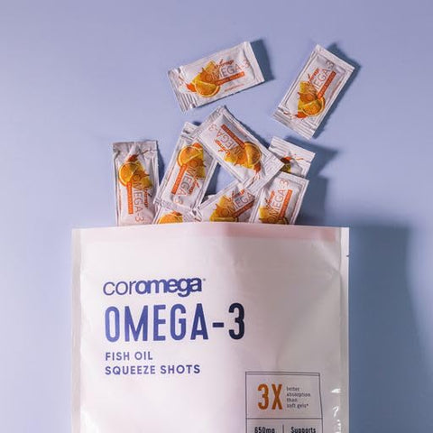 Ômega 3 Óleo de Peixe, 650mg de Ômega-3 com Absorção 3X Melhor que Cápsulas, Sabor Laranja, 90 Pacotes Individuais de Aplicação - Coromega