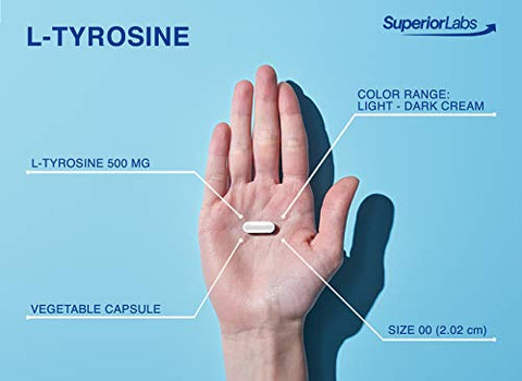 L-Tyrosine Natural Puro NonGMO – 500 mg, 120 Cápsulas Vegetais – Suporte para Clareza Mental – Estimula a Alerta – Aumenta a Energia – Suplemento Alimentar para Calmaria - Superior Labs