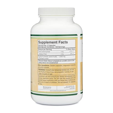 Cápsulas de Psyllium Husk – Suplemento de Fibra (240 Unidades, 1.500mg por Porção) Fibra Solúvel para Manter a Regularidade (Não-OGM) - Double Wood Supplements