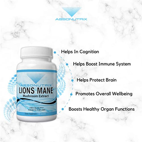 Lion’s Mane Mushroom Extract 120 Cápsulas – Reforça o Sistema Imunológico, Melhora a Saúde Cognitiva – Ingredientes Potentes de Qualidade – Fabricado nos EUA – 500 mg por Porção - Absonutrix