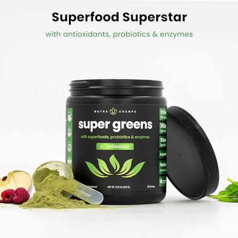 Super Greens em Pó Premium | 20 Alimentos Verdes Orgânicos | Alfafa, Spirulina, Chlorella | 20g - NutraChamps