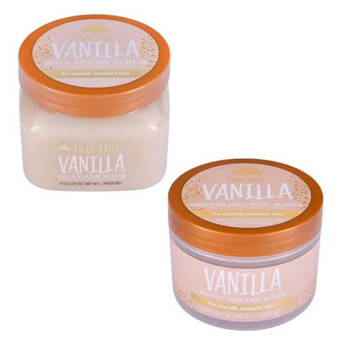 Conjunto Presente Tree Hut Vanilla Shea Sugar Scrub com Manteiga Corporal Batida, Novo Aroma 2023, 26,4 Onças Bege