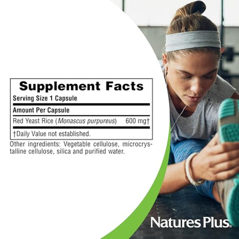 Herbal Actives Red Yeast Rice – 600 mg, 60 Cápsulas Veganas – Potência Máxima, Suporte ao Colesterol – Vegetariano, Sem Glúten – 60 Porções - Natures Plus