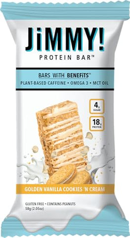 JIMMYBAR - JiMMY’S! Barras de Proteína Funcional – Baunilha Dourada Cookies and Cream – 12 Unidades | 18g Proteína Alta, Cafeína à Base de Plantas