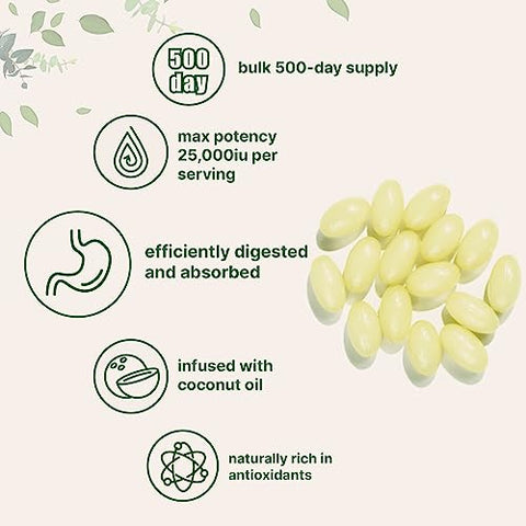 Vitamina A 25000 UI | 500 Softgels com Óleo de Coco para Melhor Absorção | Vitaminas Essenciais para Visão, Crescimento | Marca Micro Ingredients - Micro Ingredients