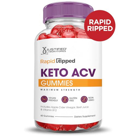 Justified Laboratories - (3 Pacotes) Gomas de Rápida Queima Keto ACV Fórmula Avançada 1000MG Rapidripped Keto Gomas Vinagre de Maçã Formulado com Romã e Beterraba em Pó B12 Vegano Não GMO 180g