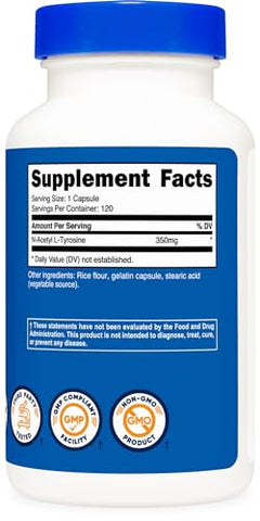 N-Acetyl L-Tyrosine (NALT) 350mg – 120 Cápsulas (3 Frascos) – Livre de Glúten, Não-OGM - Nutricost
