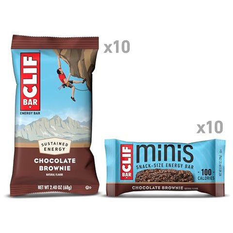 Clif Bar - CLIF BAR – Barra Energética de Chocolate Brownie – Tamanho Grande e Mini – Feita com Aveia Orgânica – Não-OGM – Baseada em Plantas – 68g e 28g (20 Unidades)