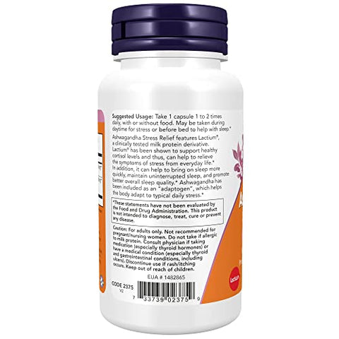 Suplementos, Alívio do Estresse com Ashwagandha, Suporte para Humor e Sono*, com Lactium® Clinicamente Estudado, Promove Relaxamento e Sono Repousante*, 60 Cápsulas Vegetais - NOW Foods