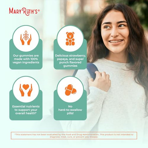 MaryRuth Organics - Multivitamínico MaryRuth para Adolescentes | Sem Açúcar | Gomas de Vitaminas para Idades 13 | Vitamina C | D e E | B | Biotina | Zinco para Suporte Imunológico | Energia | Pele e Cabelo | 60 Unidades