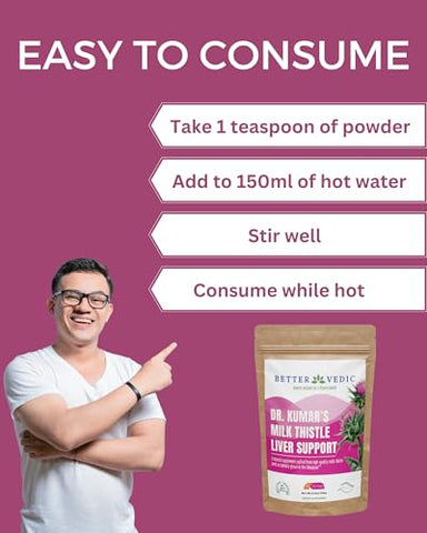 Better Vedic - Milk Thistle Max – Suporte ao Fígado – Pó Puro de Cardo Mariano – Silymarin, Suplemento Herbal Ayurvédico Tradicional – Vegano, Secado ao Sol, Sem Conservantes – 100g – 50 Porções