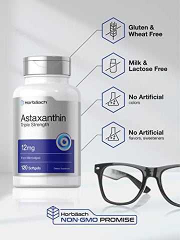 Astaxanthin 12mg | 120 Softgels | Triplo Forte | Suplemento de Microalgas | Não-OGM - Horbäach