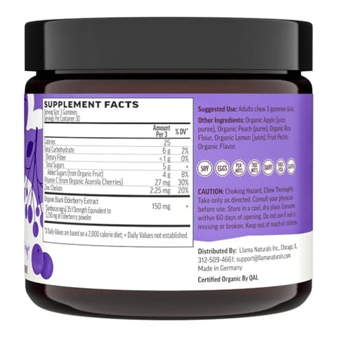 Gomas de Sabugueiro Sambucus de Frutas Reais para Adultos | Sem Açúcar Adicionado, Vegano, Orgânico | Suporte Imunológico com Zinco - Llama Naturals