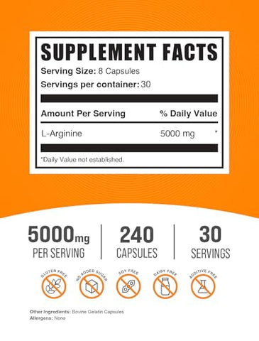 com L-Arginine 5000mg Cápsulas – Suplemento de Arginina, Óxido Nítrico, Sem Glúten, 8 Cápsulas por Porção, 240 Cápsulas (Pacote de 1) - BulkSupplements