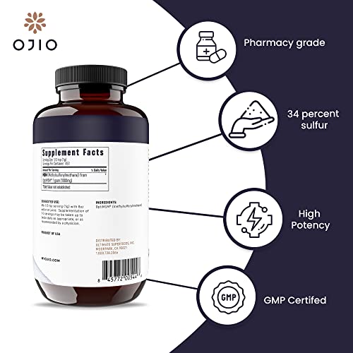 Ojio - OptiMSM Pó MSM Puro – Articulações, Pele, Cabelo, Unhas – Kosher, Vegano, Sem Glúten, Não-OGM, Sem Pesticidas ou Herbicidas – 16 oz (1 Pacote)