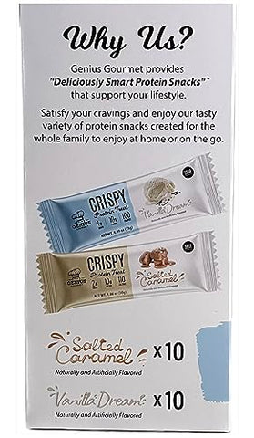 Pack com 20 unidades de Snacks Proteicos Crocantes, Sabor Caramelo Salgado – Embalagem Variada - Genius Gourmet