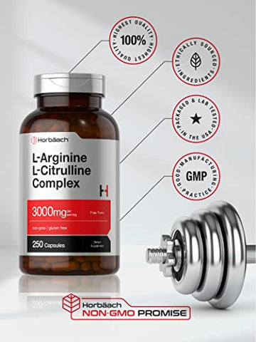 Complexo de L-Arginina e L-Citrulina | 3000mg | 250 Cápsulas | Suplemento Sem OGM, Sem Glúten - Horbäach