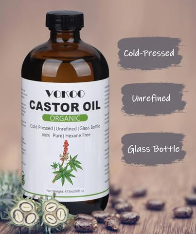 VOKOO - Óleo de Rícino Orgânico Extra Virgem Prensado a Frio em Frasco de Vidro para Crescimento Capilar, Cílios Mais Espessos, Cuidados com a Pele e Promoção do Bem-Estar Geral com Pacotes de Óleo de Rícino – 473 ml