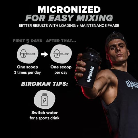 Creatina Monohidratada em Pó Micronizada, Recuperação Muscular, Pré-Treino sem Cafeína, Vegano, Pós-Treino, Sem Glúten, Sem Açúcar | 200 Porções (5g Cada) - BIRDMAN