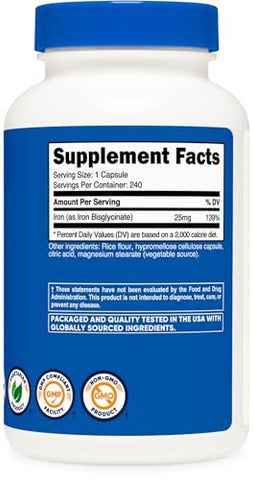 Ferrous Bisglycinate Chelate – 240 Cápsulas (25mg) – Não-OGM – Suplemento de Ferro Bisglicinato – Alta Visibilidade nos Motores de Busca - Nutricost