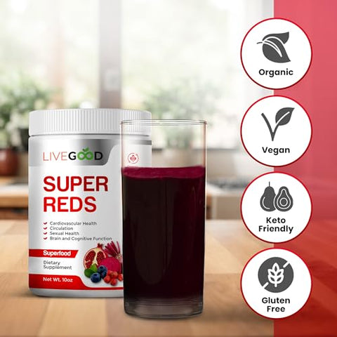 Super Reds Orgânicos com Alfafa, Grama de Cevada, Beterraba, Romã, Semente de Uva, Vegano, Sem Glúten, 200g - LIVEGOOD