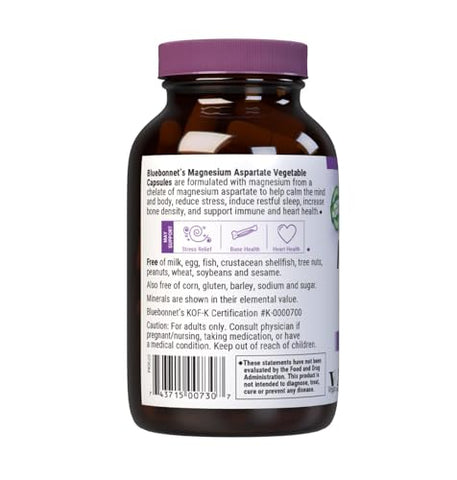 Nutrition Magnésio Aspartato 400mg, 100 Cápsulas Vegetais | Suplemento de Magnésio de Alta Qualidade - Bluebonnet