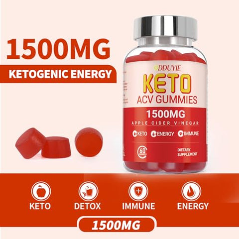 DDUYIE - Gummies de Vinagre de Maçã Keto ACV | 1500mg Baixo Carboidrato para Desintoxicação e Limpeza | Fabricado nos EUA | 60 Unidades