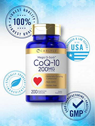 CoQ10 200mg | 200 Cápsulas | Mega Q-Sorb Coenzima Q-10 | Vegetariano, Não-OGM, Sem Glúten | Comprar Online - Carlyle