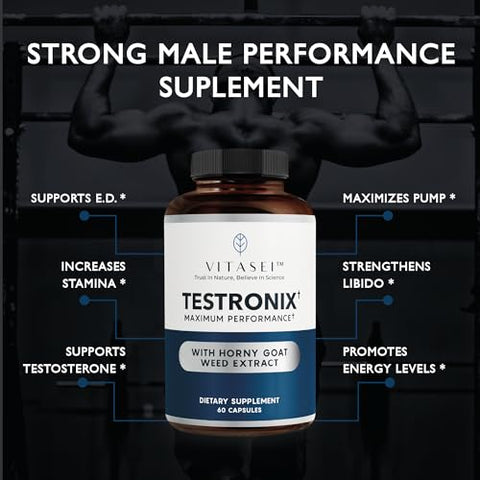 VITASEI - Testronix – Suplemento de Desempenho para Homens – Energia e Suplementos Musculares para a Saúde Masculina – 60 Cápsulas